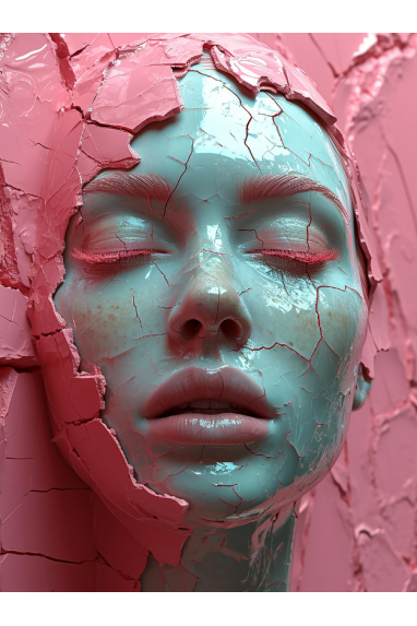 女人仿生陶瓷光泽粉红色面部雕塑 正面视图